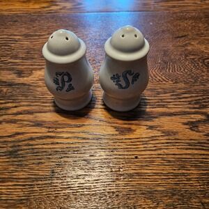 Vintage Stoneware Salt and Pepper Shakers Set Cream Blue Script Farmhouse Decor